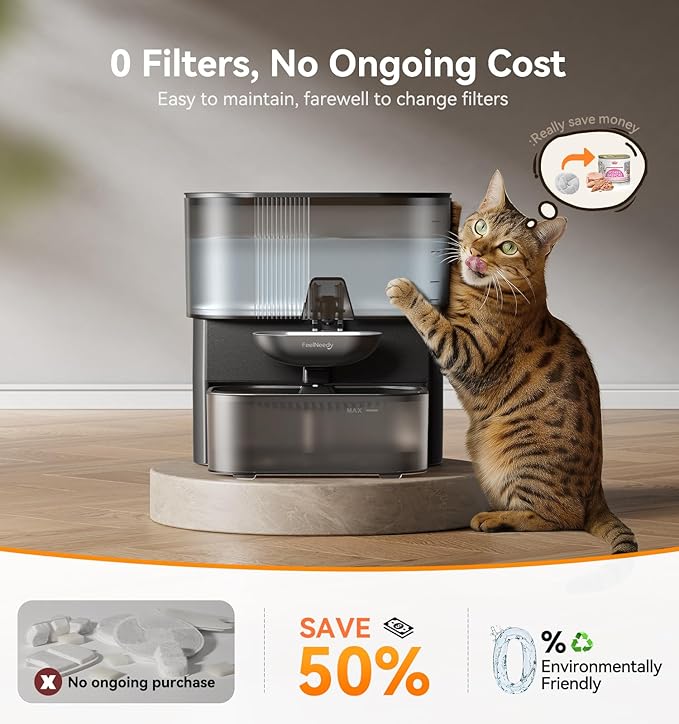 Wireless Cat Water Fountain No Filters, Wastewater Separation, FEELNEEDY Stainless Steel Bowl, 3.5L Pet Water Fountain for Cats & Dogs Dispenser, Black