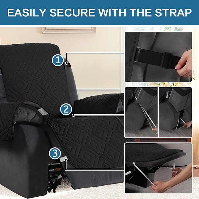 H.VERSAILTEX Reversible Quilted Recliner Covers Water Resistant Furniture Protector for Reclienr Chair with Elastic Straps for Pets Kids Sitting Width Up to 22"(Recliner, Black/Grey)