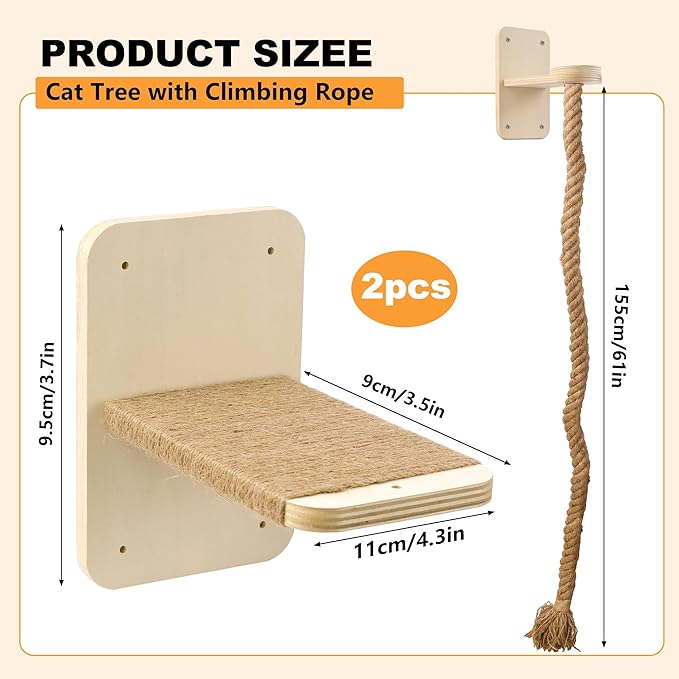 Cat Wall Shelves with 2 x 60 Inch Climbing Rope, Wall Mounted Cat Tree with Scratching Post Kitten Rope Ladder with Jumping Platform Wall Steps for Playing and Rest