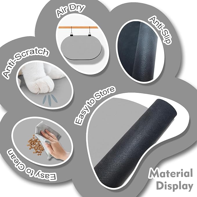 Dog Food Mat 20''x12'', Small Pet Feeding Mat, Non-Slip Rubber Pet Food Mat, Absorbent Cat Dog Water Bowl Mat for Messy Drinkers, Dogs Bowl Placemat for Food and Water, Light Gray