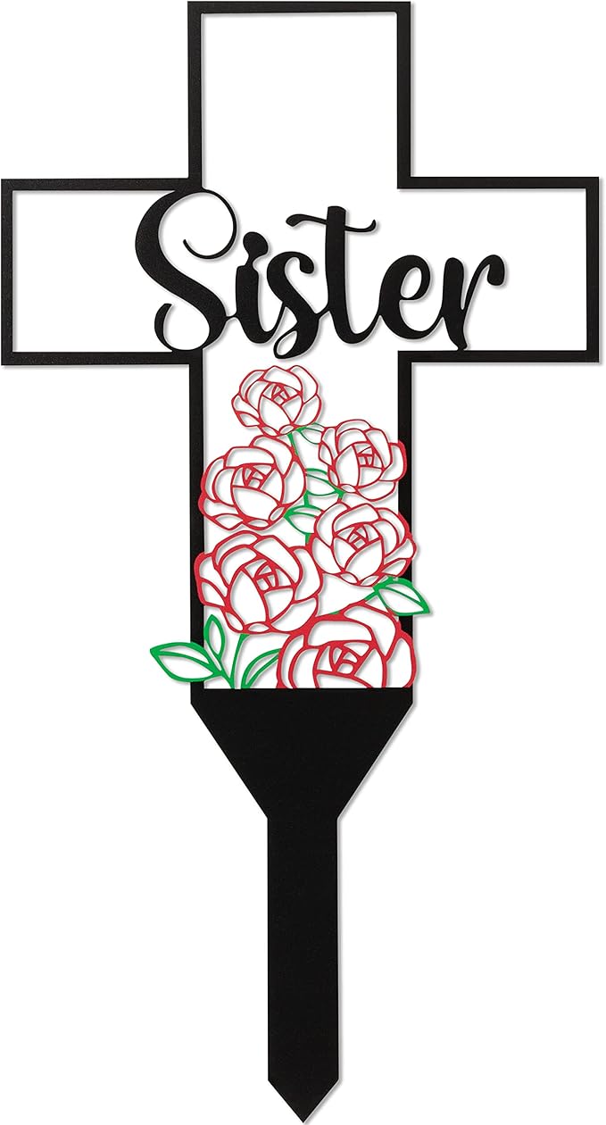 BUoonyer Sister Memorial Graves Markers Cemetery Decorations, Metal Cross Stakes Grave Stones Cemetery Headstones Decor, Girls Graveyard Remembrance Graveside Sign for Garden Outdoor Outside Yard