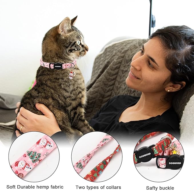 2 Pack Christmas Cat Collars Breakaway with Bell, DOGWONG Safety Buckle Christmas Snowman Cute Cat Collar for Girl Boy Cats，Adjustable 7-12 Inch