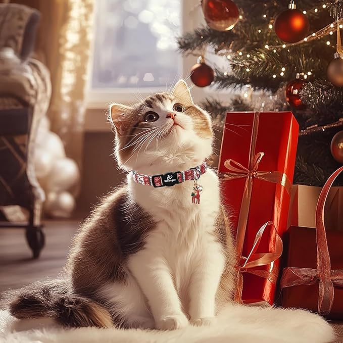 2 Pack Christmas Cat Collars - Breakaway Cat Collar with Bell, Christmas Tree and Reindeer Pendant, Winter Adjustable Kitten Collars for Girl Boy Cats, Pink Santa &Fair Isle
