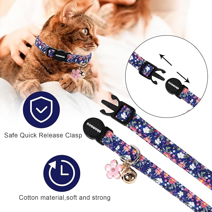 2 Pack Green Flower Cat Collars Breakaway with Bell, DOGWONG Safety Buckle Blue Floral Cute Cat Collar for Girl Boy Cats，Adjustable 7-12 Inch