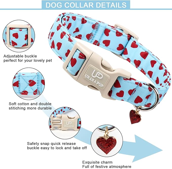 Valentine's Dog Collar, UP URARA PUP Pink Heart Adjustable Pet Collar with Bowknot Charm, Wedding Dog Accessories for Small Medium Large Dogs