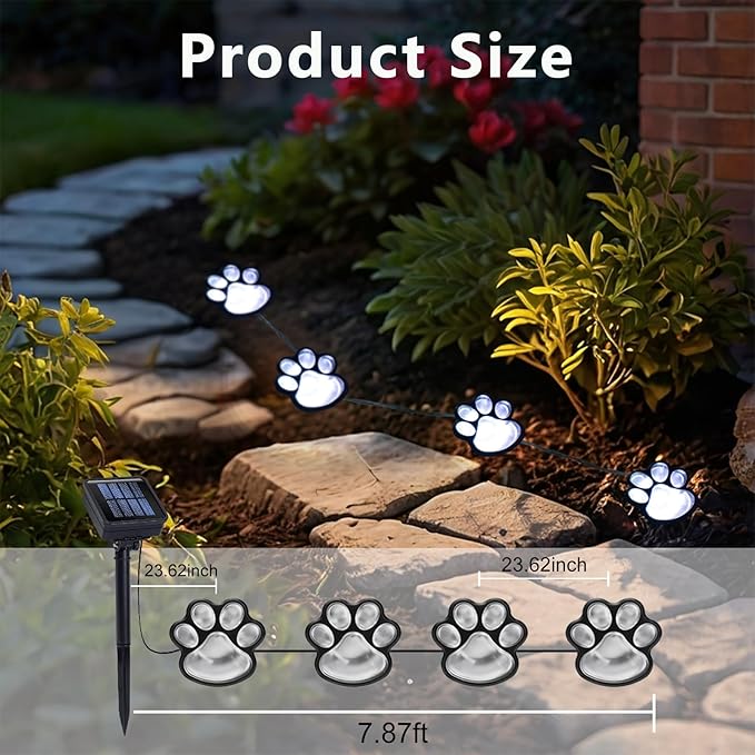 Paw Print Solar Lights - Outdoor Garden Decoration Waterproof, Cat Dog Animal Set (4), Pet Cemetery, Grave Memorial, Gifts for Pet Lovers (Cool White)