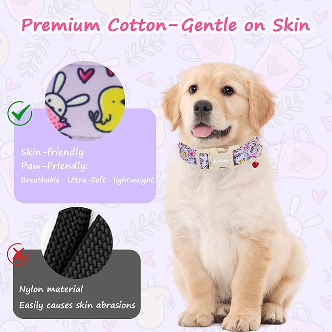 Easter Dog Collar for Large Dogs, Easter & Spring Theme Large Dog Collar with Cute Chick & Bunny Pattern, Adjustable Purple Easter Dog Collars Girl Boy Collar for Dogs -L