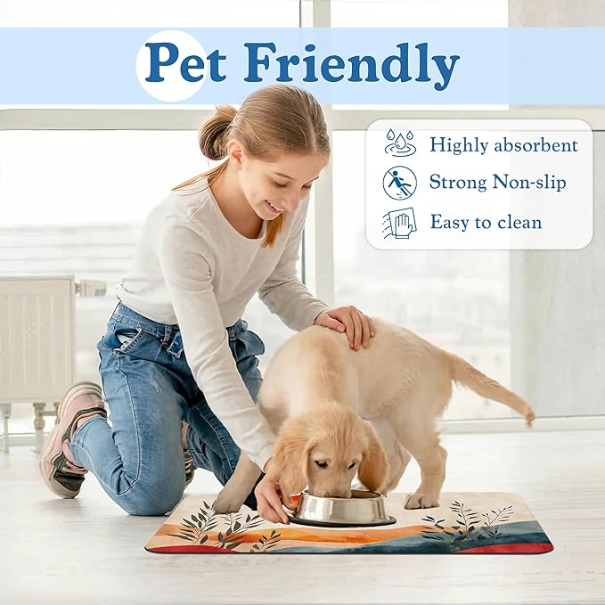 Boho Mountain Sun Pet Food Mat for Cats and Dogs–Christmas Stocking Absorbent Quick Dry Feeding Placemat, Non Slip Rubber Base, Waterproof Bowl Mat for Indoor Use, Pet Supplies 16"x24"