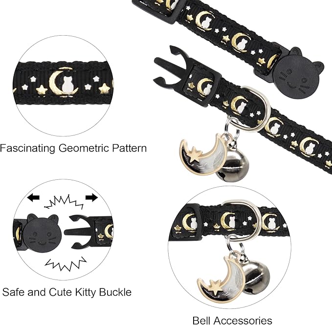 2 Pack Breakaway Cat Collar with Bells, Adjustable Moon and Star Kitten Safety Collars for Boys & Girls, Black+Hotpink