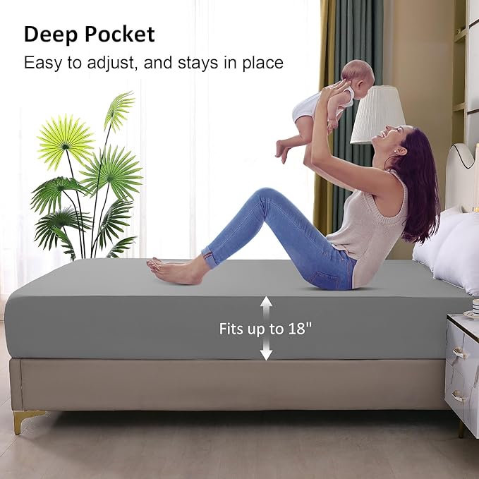 Twin Mattress Protector Waterproof, Fitted Sheet Style Breathable Mattress Cover with Deep Pocket Fits Up to 18'', Noiseless Bed Cover for Kids Adults, Machine Washable (Light Gray, 39'' X 75'')