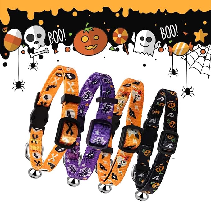 azuza 4 Pack Halloween Kitten Collars Breakaway with Bells, Adjustable Cat Collars with Safety Buckle,Adjustable from 6"-8", Skull and Crossbones,Ghosts, Spider and Pumpkin Prints