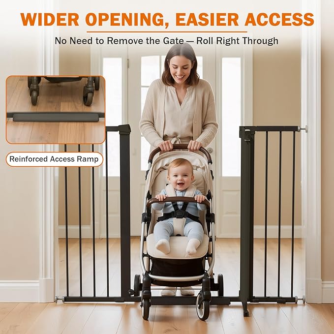 Mumeasy 36" Extra Tall Baby Gate for Stairs, 29.7-51" Wide Dog Gates Indoor for Doorways with Easy Walk Thru, Auto Close Pet Safety Gate for House, Pressure Mounted Metal Child Gate with Door, Black