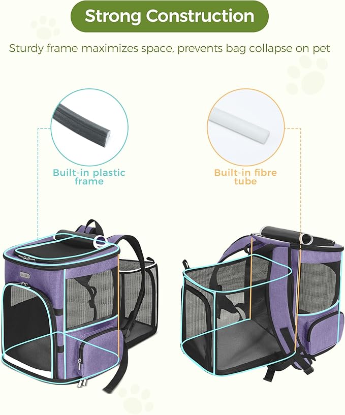 BAGLHER Expandable Cat Carrier Backpacks, Retractable Pet Carrier Backpack for Small Dogs & Cats with Breathable Mesh, Travel Bag Up to 18 Lbs for Hiking Camping Outdoor - Purple