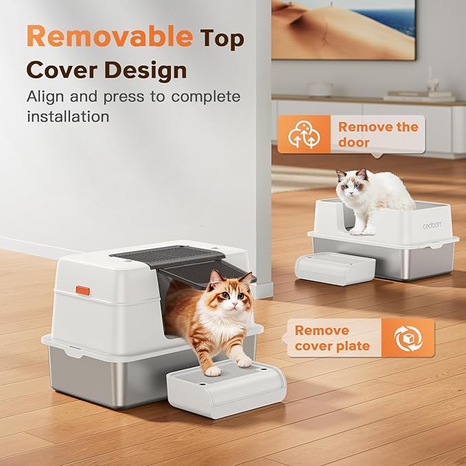 Stainless Steel Cat Litter Box with Lid,Large Enclosed High Side Metal Cat Litter Box with Pedals Suitable for Big Cats,Non-Sticky,Odor-Free,Easy to Clean ，Anti-Leakage(Silver)