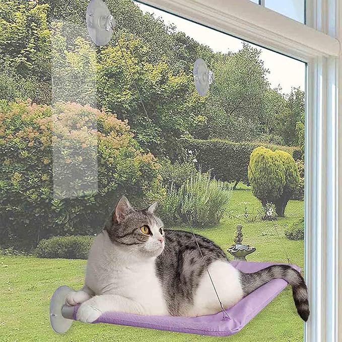 Cat Hammock - Window Bed with Suction Cups, Space Saving Indoor Cat Seat (Purple)