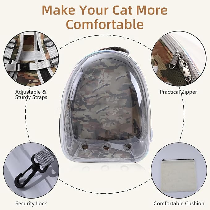 Cat Backpack Carrier Back Expandable Bubble Pet Carrier Backpack for Large Cat, Kitten and Dog, Designed for Hiking, Travelling and Outdoor Use (Back Expandable-Camo)