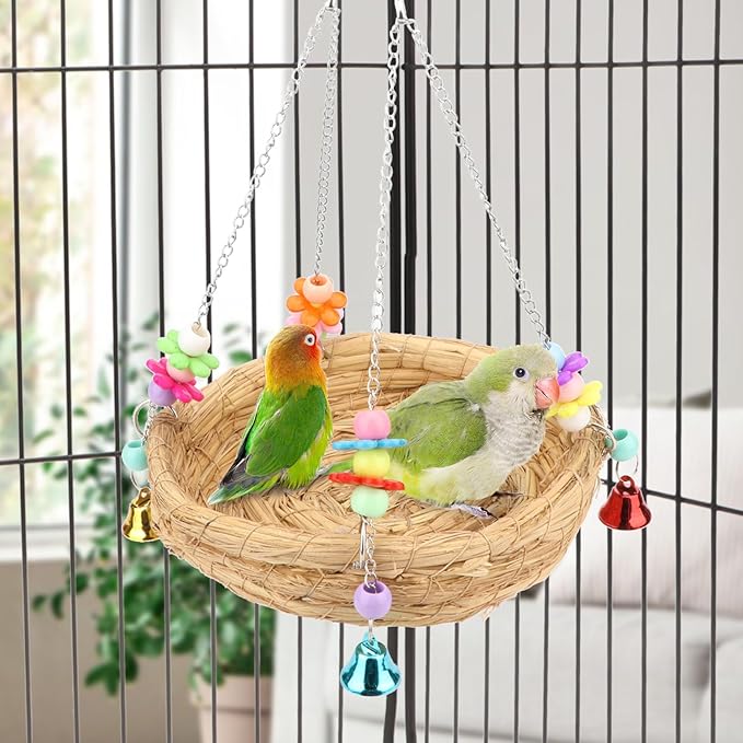 Hypeety Natural Handwoven Straw Nest Bed Large Bird Swing Toy with Bells for Parrot Cockatiel Parakeet African Grey Cockatoo Macaw Budgie Canary Lovebird Cage Perch (A)