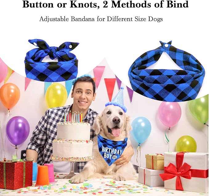 Birthday Plaid Dog Bandana with Button, Fall Dual Layer Soft Cotton Triangle Dog Scarf Kerchief Washable Girl Boy Puppy Bandanas Adjustable Accessories for Small Medium Large Extra Large Pet