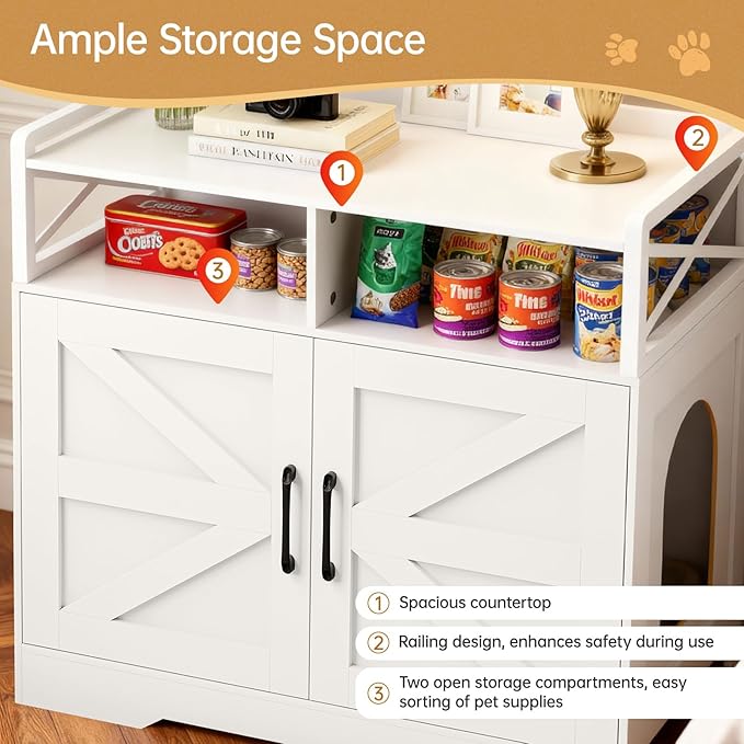 Cat Litter Box Enclosure Furniture - Hidden Litter Box Cabinet with Scratch Pad & Odor Control | Farmhouse Style End Table for Cats | Discreet Cat Washroom for Living Room & Bedroom White