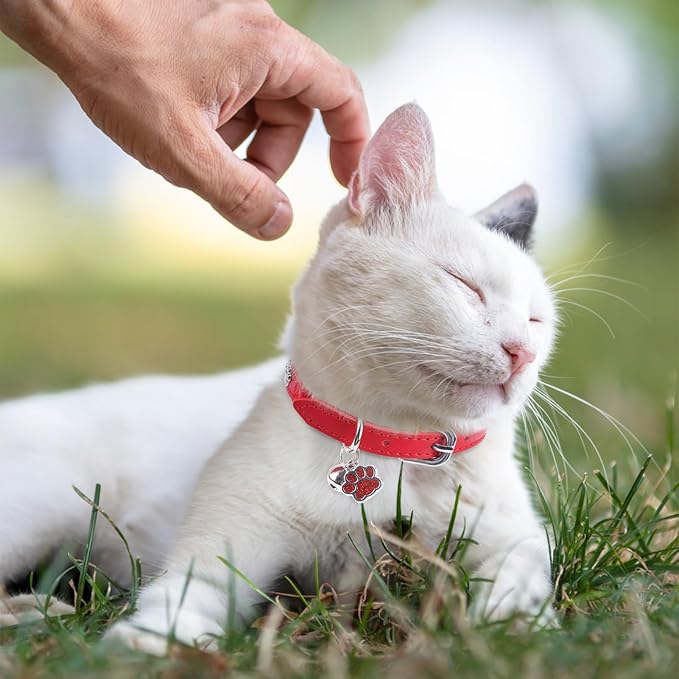 SCENEREAL Cat Collar with Bells, Leather Cat Collars with Paw Studded, Adjustable Pet Collars for Boy Girl Cats,Soft Cute Cat Collar for Kitty Puppy Small Big Cats, Red