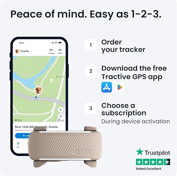 Tractive GPS Dog Tracker (2025 Release) Real-time Pet Location Tracker | Health & Wellness Alerts | Virtual Fence for Dogs | Bark Monitoring (Brown w/Olive Cover)