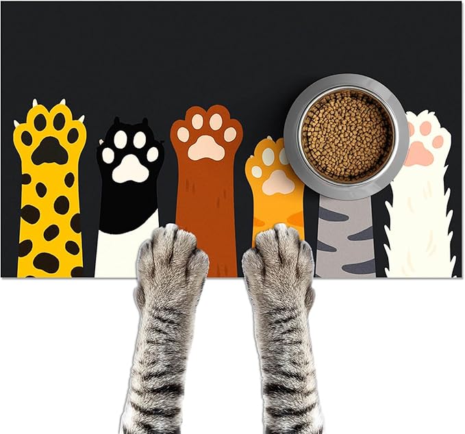 Cute Animal Paw Pet Food Mat Non Slip Spill Proof Feeding Pad for Cats Kittens Small Dogs Food and Water Bowl Mat Easy Clean Fast Dry Placemat for Pet Feeding Area Kitchen Decor 20" x 12"