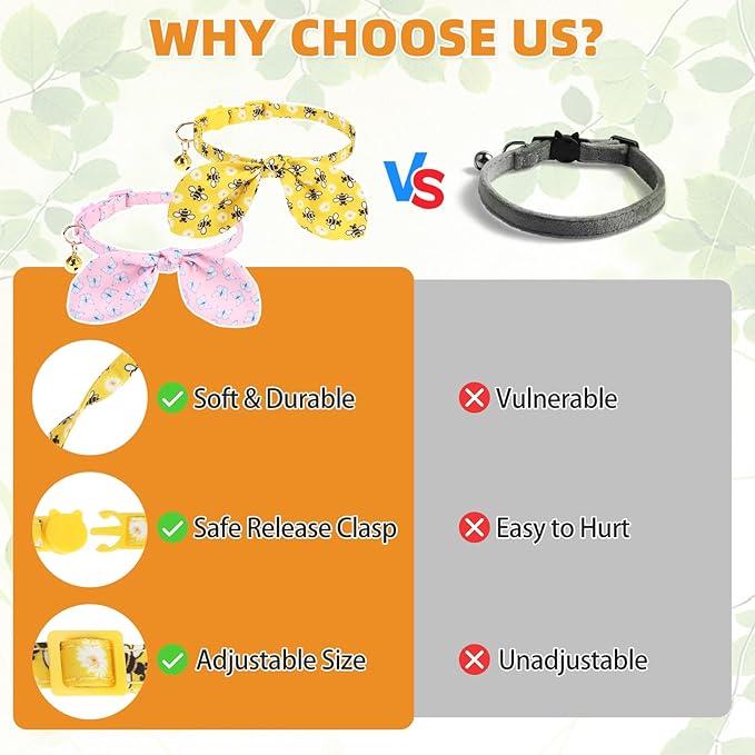 KOOLTAIL Spring Cat Collar Breakaway with Bowtie and Bells, 2 Pack Cute Kitten Collars, Butterfly & Bee Design with Safety Buckle Adjustable for Small Large Cats Boys & Girls
