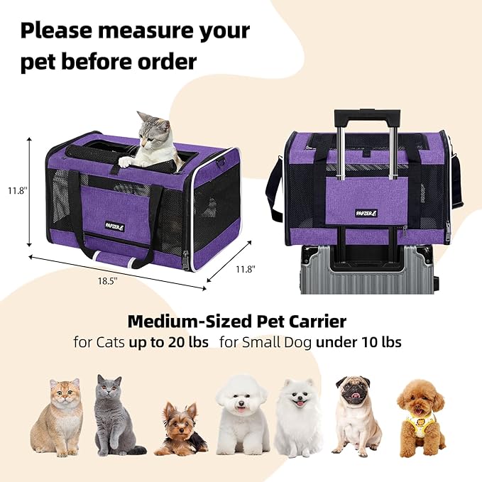 Cat Carrier Soft-Sided Travel Bag for Medium to Large Cats Over 15lbs, Small Dog Carrier Crate Top Entry Breathable Mesh Puppy 12 Pounds, Pet Rabbit Carrying Cage Kennel Collapsible Purple