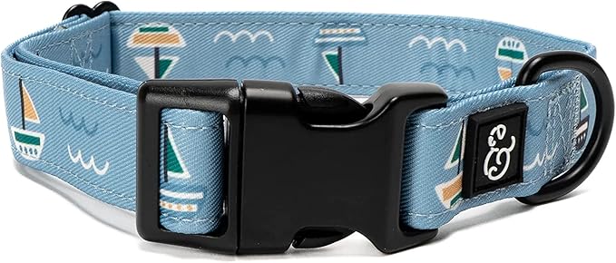 Lucy & Co. Set Sail Adjustable Dog Collar- Cute Designer Pet Collar for Small, Medium, Large Dogs- Buckle Closure Dog Accessories, Large, Blue with Green & Yellow Sailboats