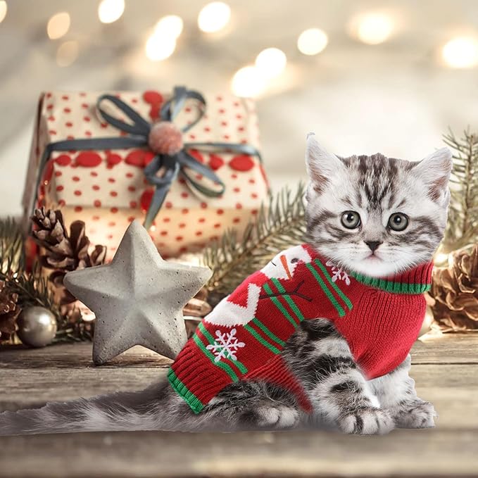 Dog Christmas Sweater Cute Snowman Puppy Cat Costume Boy Girls Xmas Holiday Pet Clothes New Year Outfits Gifts for Small Medium Large Dogs (XS, Red Green Stripe Snowman)
