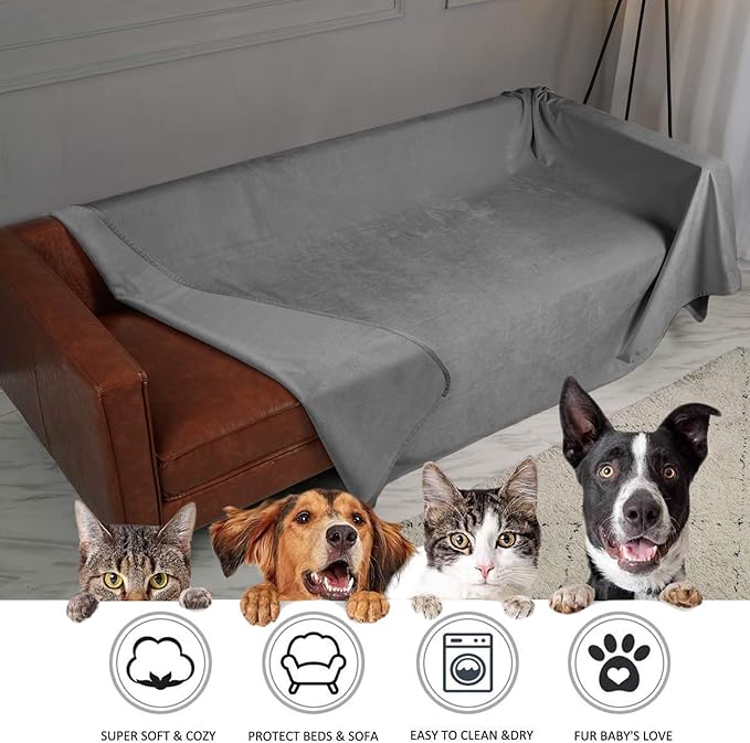 Ameritex Pet Bed Blanket Reversible 100% Waterproof Velvet Super Soft for Sofa and Bed (68x82 Inches, Light Grey+Grey)