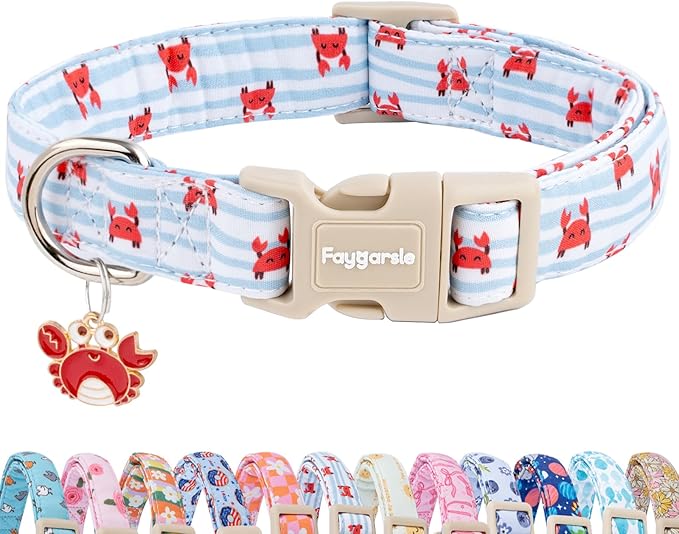 Faygarsle Cute Crab Pattern Dog Collar, Cotton Fabric, Light Blue Stripes, for Small Medium Large Dogs M