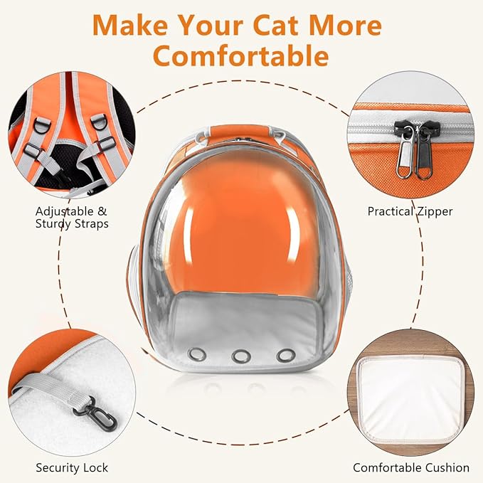 Cat Backpack Carrier Back Expandable Bubble Pet Carrier Backpack for Large Cat, Kitten and Dog, Designed for Hiking, Travelling and Outdoor Use (Back Expandable-Orange)