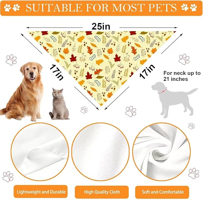 Thanksgiving Dog Bandana 2 Pack, All 4 Patterns Pumpkin Turkey Dog Scarf, Fall Autumn Leaves Pet Thanksgiving Bandanas for Medium Large Dogs, Triangle Reversible Fall Pet Scarf