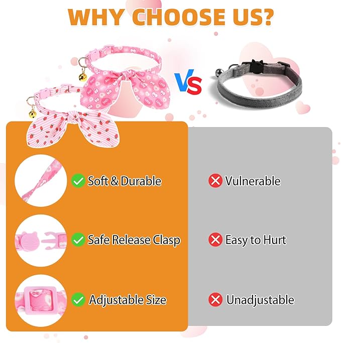 KOOLTAIL Girl Cat Collar Breakaway with Bowtie and Bells, 2 Pack Cute Kitten Collars, Pink Heart & Strawberry Design with Safety Buckle Adjustable for Small Large Girl Cats