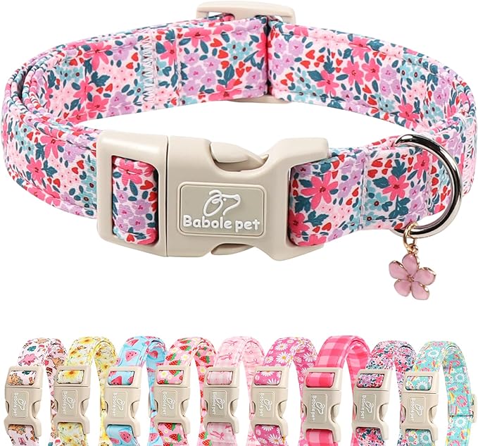 Floral Dog Collar, Cute Girl Dog Collars - Pastel Wildflowers Pattern Spring Summer Puppy Collar, Adjustable Female Dog Collars for Small Medium Large Dogs M