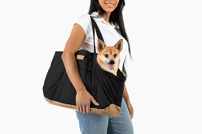 NoblePup Plush Dog Purse Carrier for Small Dogs, Soft Tote Bag with Safety Harness Clip, Cozy Pet Carrier for Dogs Under 15 lbs, Comfortable Shoulder Carrier for Travel, Black 2.0