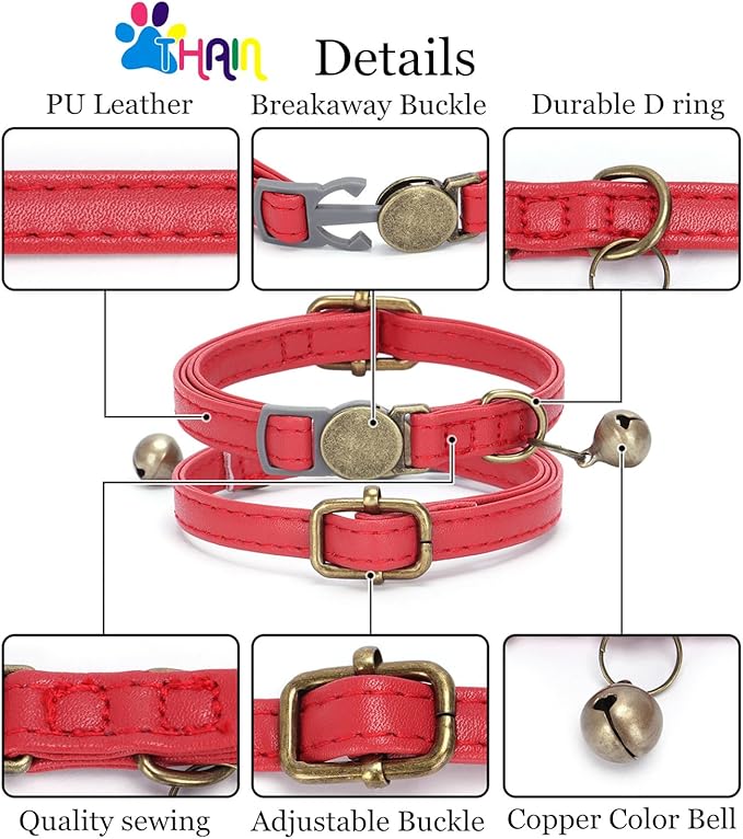 THAIN Leather Cat Collar with Bell Breakaway- Adjustable, Durable, Retro Bell fit Most Cats and Kittens (Black)
