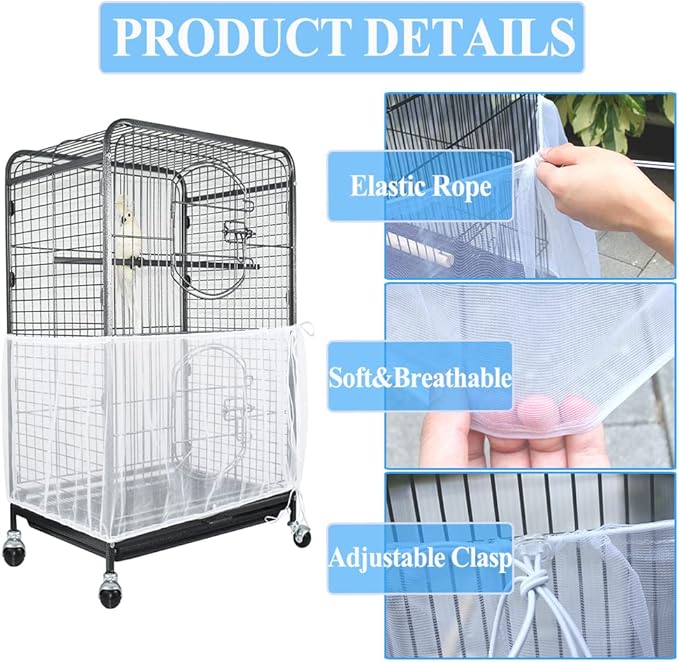 ASOCEA Extra Large Bird Cage Seed Catcher Guard Universal Birdcage Cover Nylon Mesh Net for Parrot Parakeet Macaw Lovebird - White (Not Include Birdcage) …