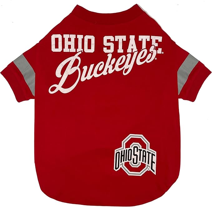 NCAA Ohio State Buckeyes T-Shirt for Dogs & Cats, Large. Football/Basketball Dog Shirt for College NCAA Team Fans. New & Updated Fashionable Stripe Design, Durable & Cute Sports PET TEE Outfit