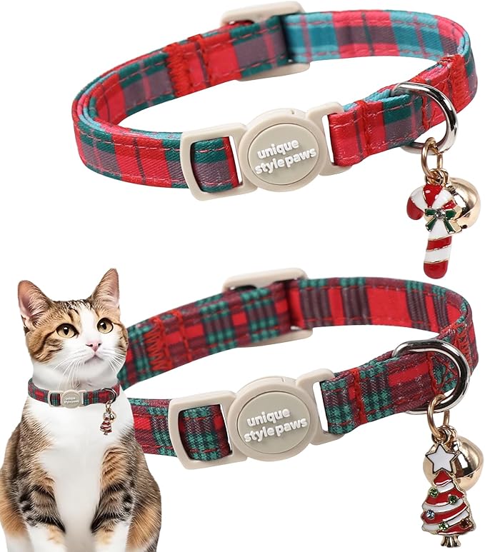 Unique style paws 2 Pack Christmas Kitten Collar Breakaway with Bell&Pendant, Adjustable Safety Red Green Scottish Plaid Cat Cotton Collar for Girl Boy Cat and Small Pet