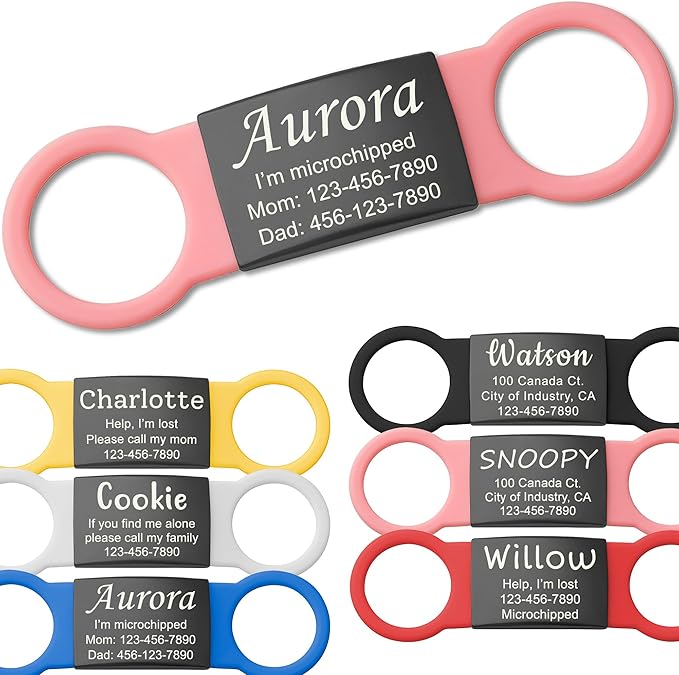 Anavia Slide On Silent Pet ID Tags, S/M/L/XL Personalized Black Stainless Steel Colored Silicone Cat Dog Name Tag, Customized Engraved Nameplate, Quiet Chew-Proof Pet Collar Tag (Pink, X-Large)