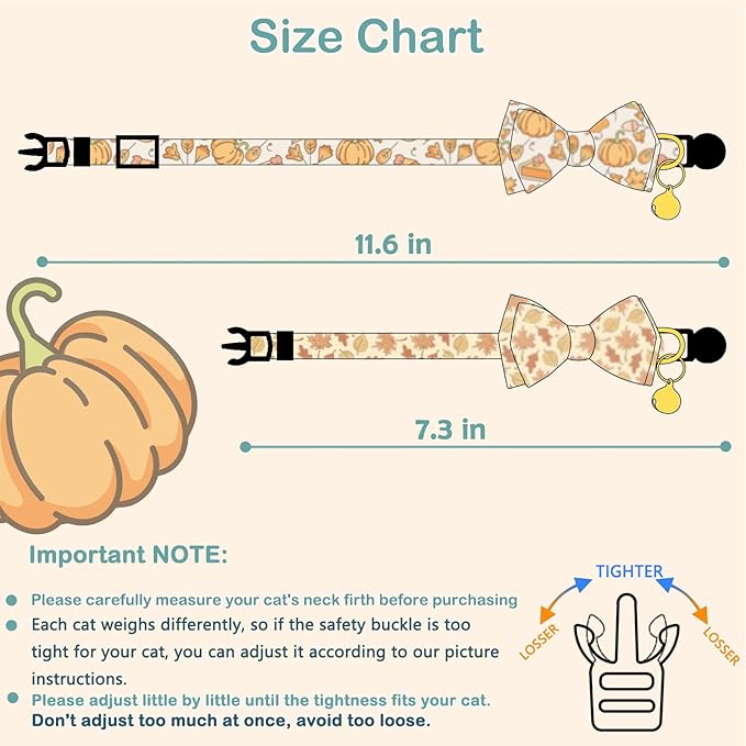 Faygarsle 2 Pack Breakaway Fall Cat Collars with Bow - Boy & Girl - Orange - Autumn Pumpkin Leaf Pattern - Soft Collar - Seasonal Cat Necklace
