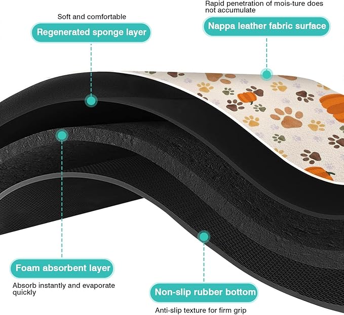 Fall Pumpkin Dog Food & Water Mat, Paw Prints Autumn Pet Feeding Mat for Floor Non-Slip Waterproof, Super Absorbent Cat Bowl Mat, Easy to Clean Eco-Friendly Durable Pet Placemat,12" × 20"