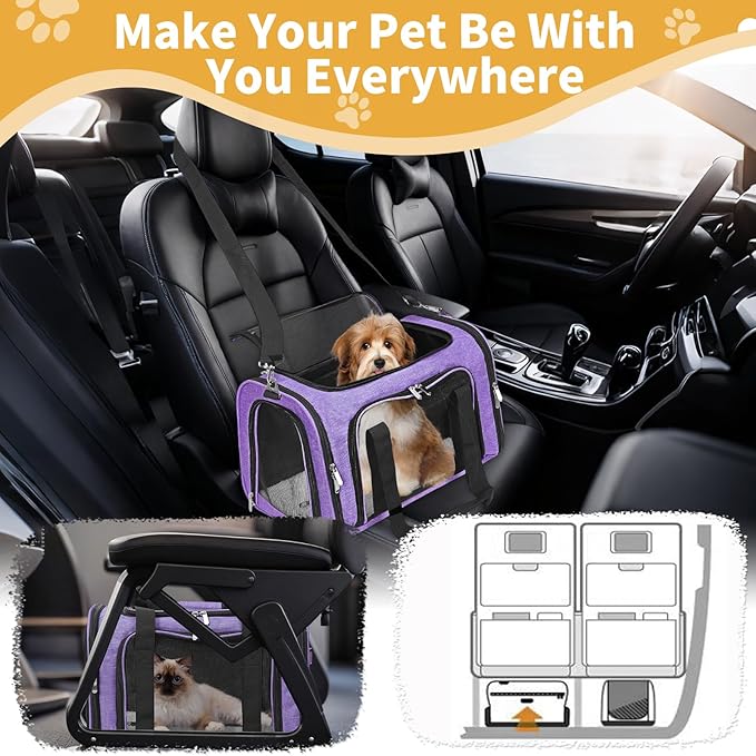 Soft-Sided Cat/Dog/Pet Carrier, Collapsible Pets Travel Carriers for Big Cats/Small Dogs with Shoulder Strap & Removable Mat, Mesh Puppy Carry Bag, Up to 16 Lbs, TSA Airline Approved(Purple)
