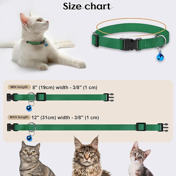 Breakaway Cat Collar with Bell - Leather Adjustable Kitten Collars with Safety Quick Release Buckle - Soft Small Pet Collars for Girl & Boy Cats (Green)