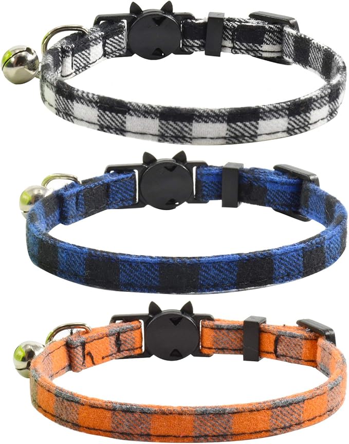 Breakaway cat Collars with Bell, Set of 3, Durable & Safe Cute Kitten Collars Safety Adjustable Kitty Collar for Cat Puppy 7.5-11in (Black,Blue,Orange)