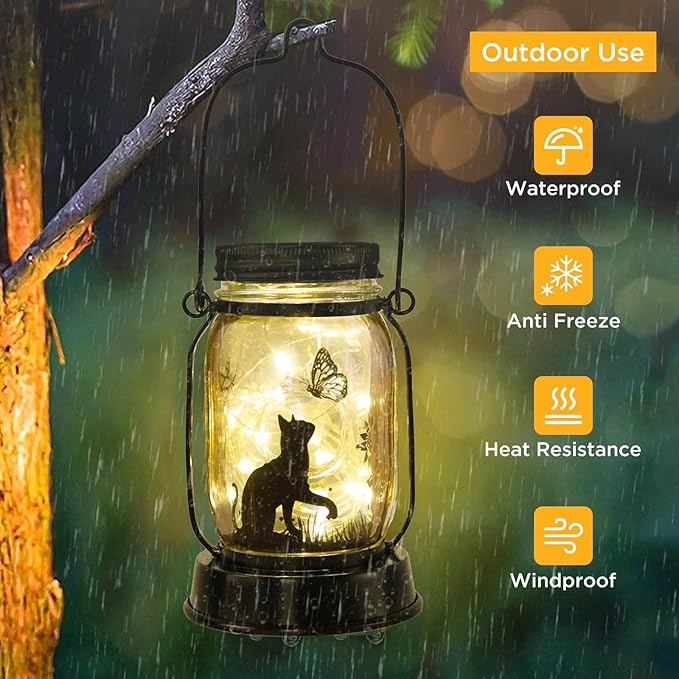 kyoryuger Cat Gifts Cat Lover Gifts for Women/Mom/Grandma/Sister, Cats Butterfly Solar Lights Outdoor Hanging Cat Lanterns Fairy Lights, Kitty Lamps Decor for Yard Lawn Garden Patio