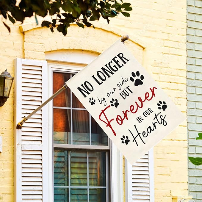 Pet Memorial House Flag No Longer By My Side Forever in Our Heart 28x40 Inch Double Sided Burlap Pawprints Lost Pet Cat Dog Bereavement Gift Outdoor Yard Decor