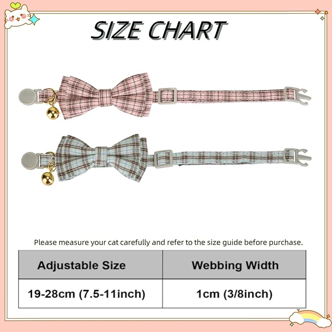 2 Pack Soft Cotton Cat Collars with Bowtie and Bell Breakaway Plaid Cat Kitten Collar(Pink and Jade Green)